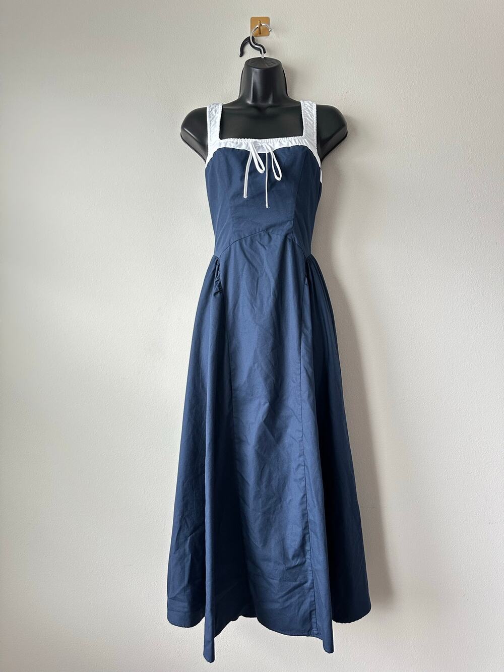 Moon River Milkmaid Maxi Dress Navy White Square Neck Cottagecore Romantic M